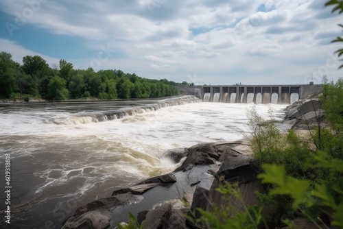 hydroelectric power plant, with the water rushing through the turbines and producing clean energy, created with generative ai