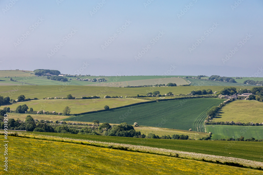 An idyllic view over fields in Sussex on a sunny evening
