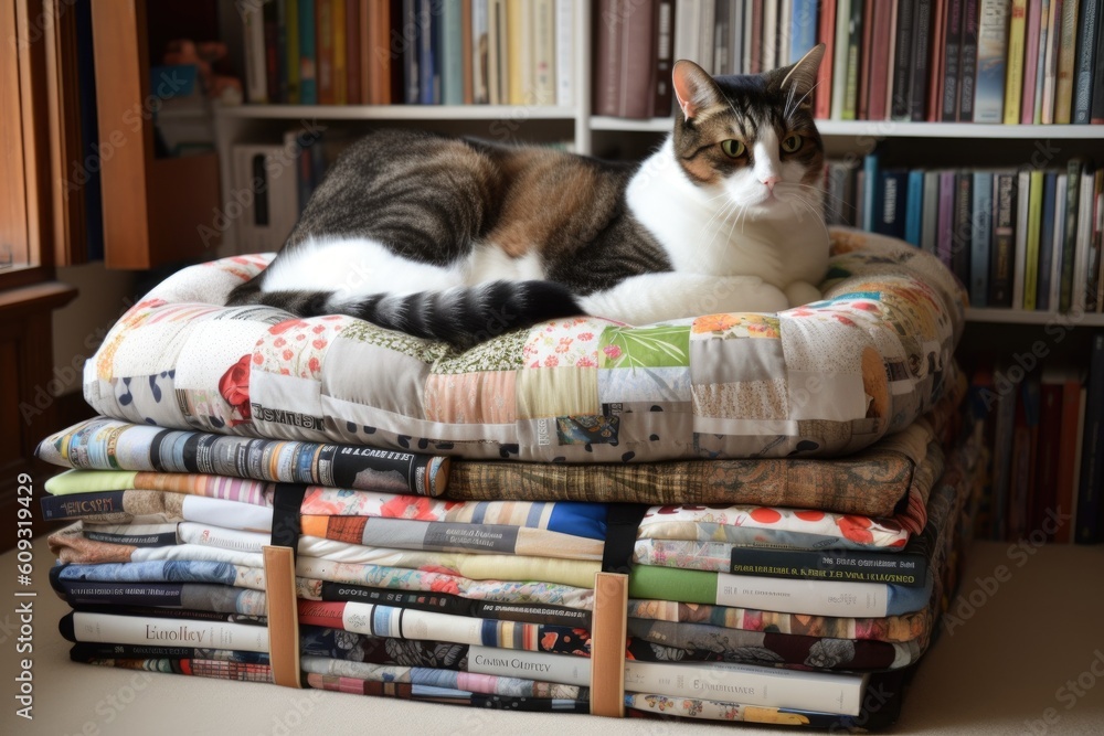 pet bed surrounded by books, perfect for cat or book lover, created with generative ai
