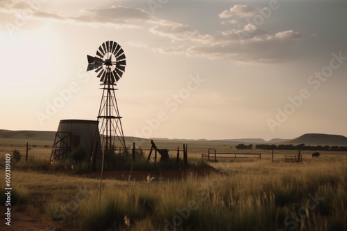 rural background with windmill, bringing power and prosperity to the community, created with generative ai