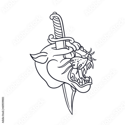 Hand drawn illustration of a dagger through a panther head outline