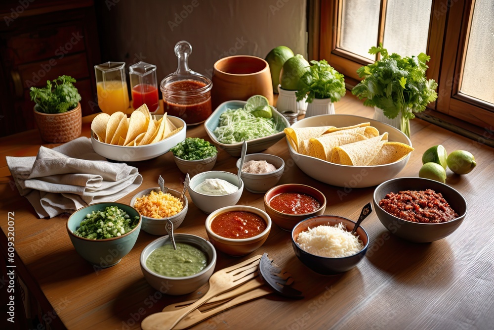 table setting with various toppings and spices for making your own tacos, burritos, or nachos, created with generative ai table setting with various toppings and spices for making your own tacos, burritos, or nachos, created with generative ai