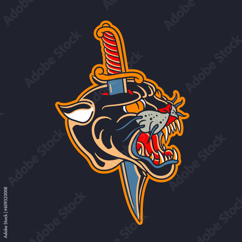 Hand drawn illustration of a dagger through a panther head