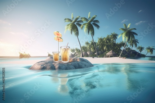 tropical island with palm trees  blue waters and cocktails on the beach  created with generative ai