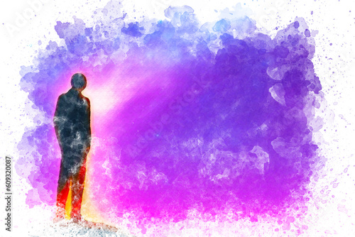 Colorful watercolor lonely man on white background