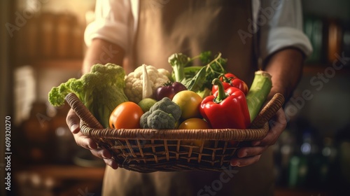 A local chef sourcing produce from the farmer�s market, holding a basket brimming with vegetables.
