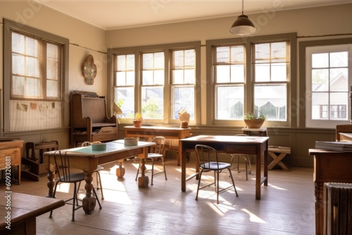 naturally light  peaceful classroom with windows and vintage furniture  created with generative ai