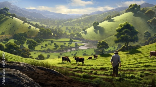 A farmer tending to his livestock, with a backdrop of rolling hills and farmland.
