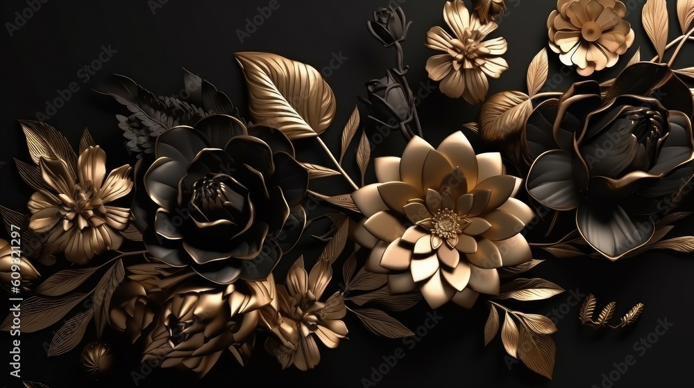 3d render of gold and black flowers with black leaves on black background. Floral background. 3d render, abstract floral background, black and gold flowers, 3d illustration. 
