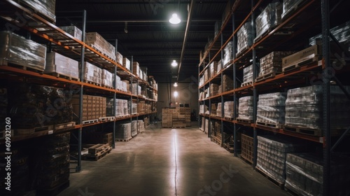 Interior of a warehouse with rows and rows of boxes of shelves full of goods. Shallow depth of field. Industrial background.  © bad_jul