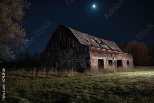 rustic barn with full moon shining in the night sky, created with generative ai © Alfazet Chronicles