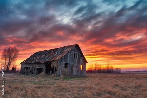 rustic barn surrounded by colorful sunset sky, created with generative ai