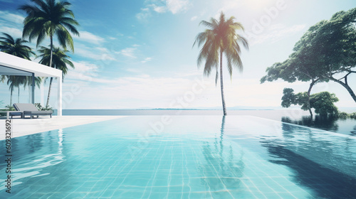 Infinity swimming pool with sea view at luxury resort. Generative AI