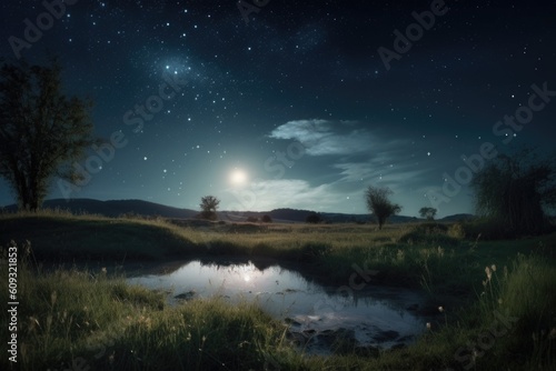 serene landscape with the moon and stars shining above, created with generative ai