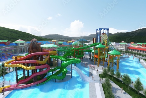 water park with creative and unique slides, such as floating tube slide or water coaster, created with generative ai
