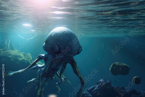 alien creature swimming in watery environment, with view of distant planets visible in the background, created with generative ai © Alfazet Chronicles