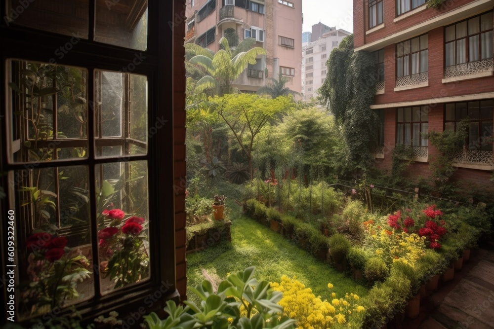 beautiful garden, with window view of bustling city street, created with generative ai