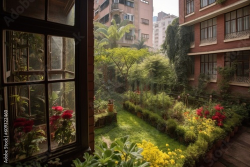 beautiful garden, with window view of bustling city street, created with generative ai