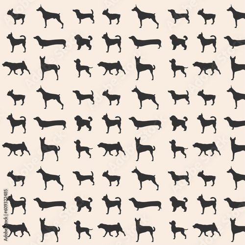 Simple vector seamless pattern with dog silhouette vector illustration, flat design with dogs on background