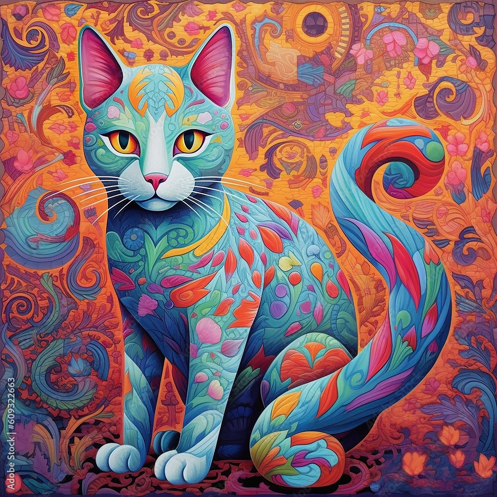 A cat in bright colors with intricate psychedelic patterns and floral motifs.  Generative AI.