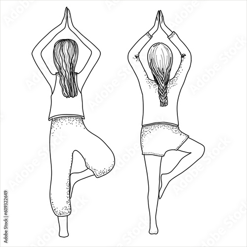 Yoga girl, young women in  pants on the beach. Happy holiday. Stock illustration. Hand painted, line art.