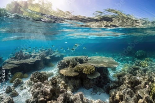 coral reef with schools of fish swimming in crystal-clear waters, created with generative ai