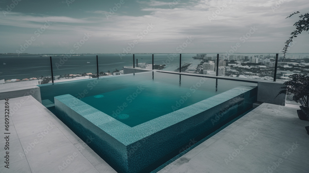 Infinity swimming pool with sea view at luxury resort. Generative AI