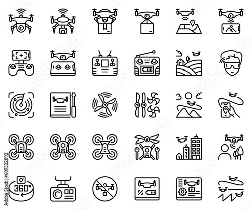 set of 30 drone line icons. surveillance, remote, robot, spy, tech, innovation, interface, maintenance, virtual, navigation, wireless, aerial view, aerospace, delivery, mobile phone