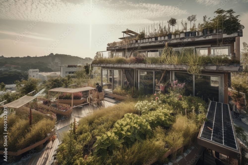 eco-friendly hotel with solar panels and vegetable garden on the roof, created with generative ai