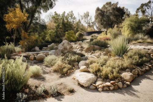 a rock garden with drought-tolerant and native plants, created with generative ai