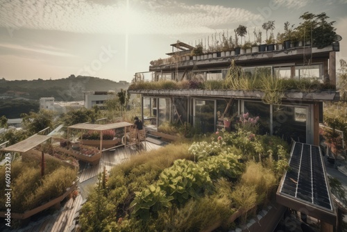 eco-friendly hotel with solar panels and vegetable garden on the roof, created with generative ai