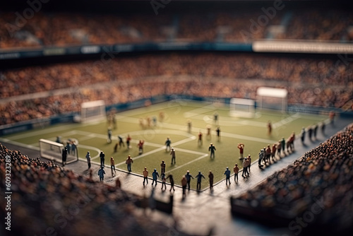 Miniature toy people figurines of soccer players in action against backdrop of a panorama of the stadium with fans, created with Generative AI