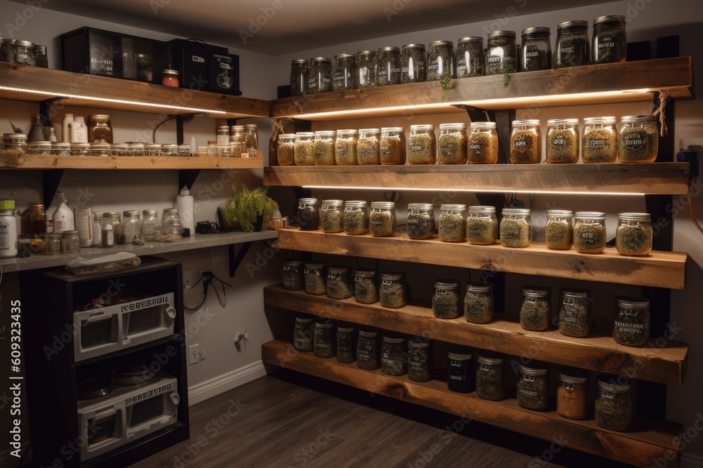 stacked shelves with labeled jars of cannabis strains in a home grow setup, created with generative ai