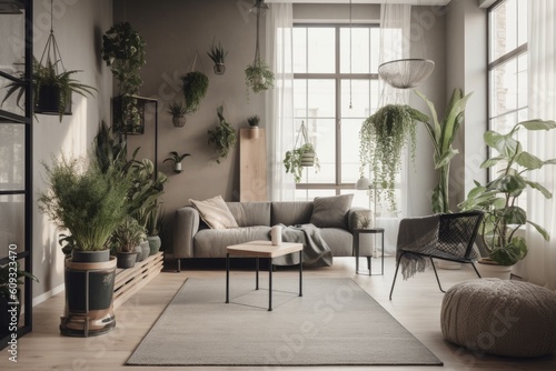 modern living room with sleek furniture and indoor plants for a welcoming atmosphere, created with generative ai © Alfazet Chronicles