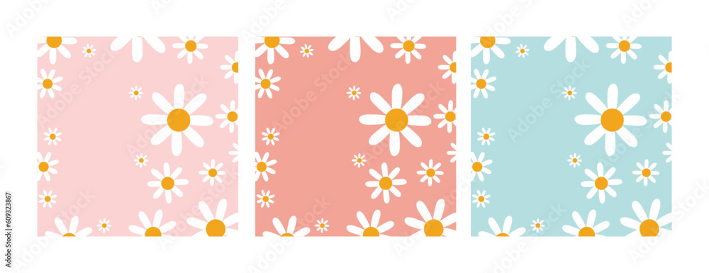Set of daisy flower seamless pattern on pastel background with blank mockup copy space. Flat lay, top view brand, blog, website, social media template	