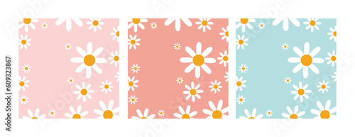 Set of daisy flower seamless pattern on pastel background with blank mockup copy space. Flat lay, top view brand, blog, website, social media template 