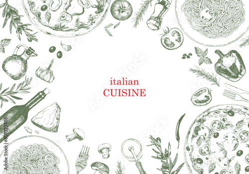 Traditional Italian cuisine. Hand-drawn illustration of Italian traditional dishes and products. Ink. Vector photo