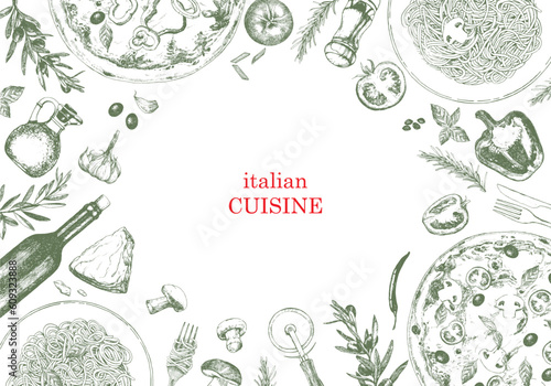 Traditional Italian cuisine. Hand-drawn illustration of Italian traditional dishes and products. Ink. Vector