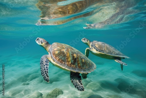 group of sea turtles swimming close together in shallow waters, created with generative ai