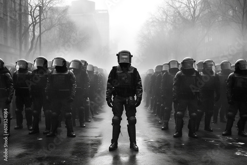 Illustration of heavily protected riot police in the streets. Concepts, crowd control, turmoil, rebellion. Created with generative ai photo