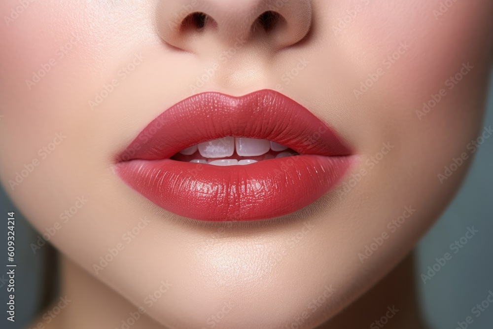 Fototapeta premium Beautiful female lips with bright red lipstick. Close-up. Created with Generative AI tools