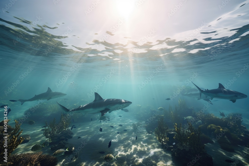 Obraz premium scenic view of sharks and rays swimming in serene ocean setting, created with generative ai