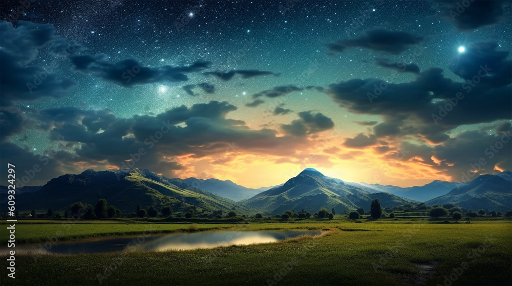 Beautiful nature landscape anime white dreamy fantasy bright star in the sky. Generative Ai.