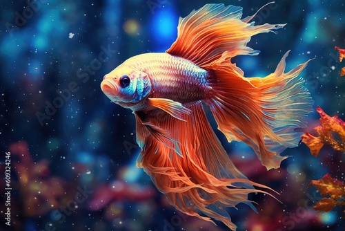 Siamese fighting fish in aquarium. Colorful water background. Created with Generative AI tools