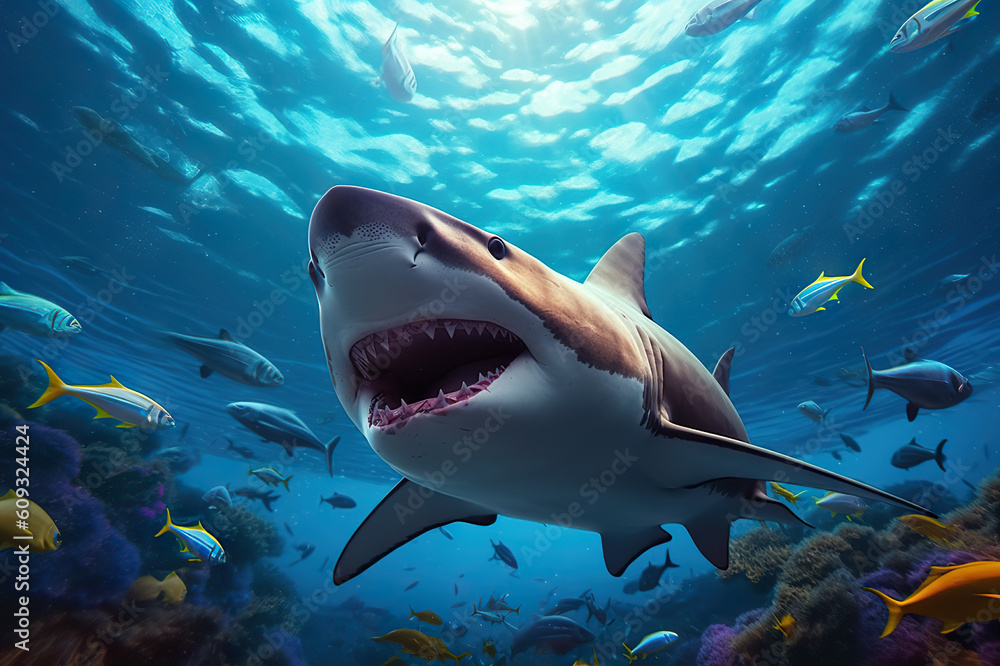 Obraz premium Majestic Encounter A Shark's Graceful Swim in the Ocean's Sunlit Waters. created with Generative AI