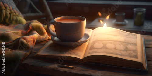 A cup of hot herbal tea with a book and cozy blanket in t two generative AI