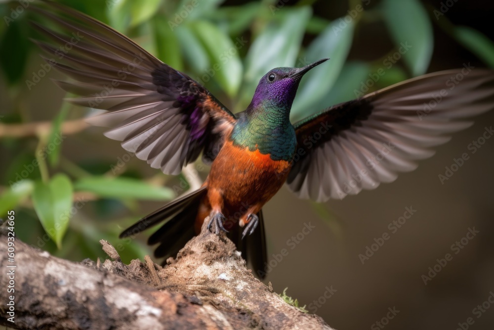 Fototapeta premium hummingbird taking off, spreading its wings and flapping its tiny wings, created with generative ai