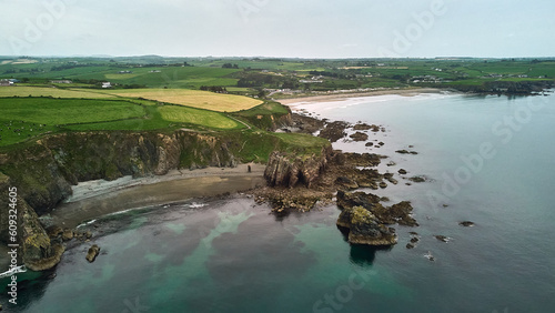 Drone view of Hills of Cooper Coast of Waterford Ireland. Tra na mBó beach. Irish coastline