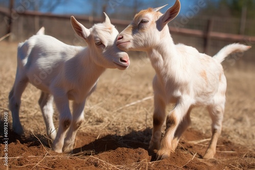 field of tiny goats head-butting each other in the sun, created with generative ai