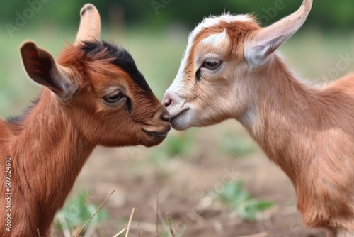 close-up of two tiny goats head-butting and playing in the field, created with generative ai